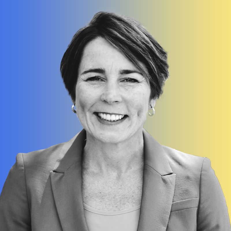 Headshot of Massachusetts Governor-Elect Maura Healey on a yellow-blue gradient background.
