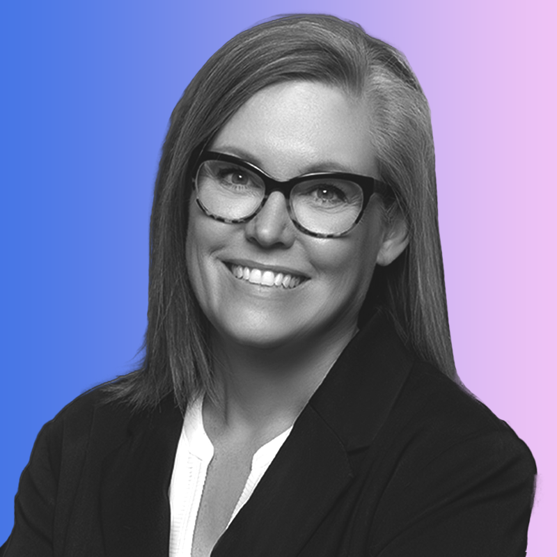 Headshot of Arizona Governor-Elect Katie Hobbs on a blue-purple gradient background.