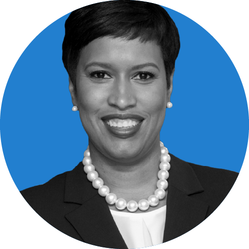 Headshot of Washington D.C Mayor Muriel Bowser on a blue background.