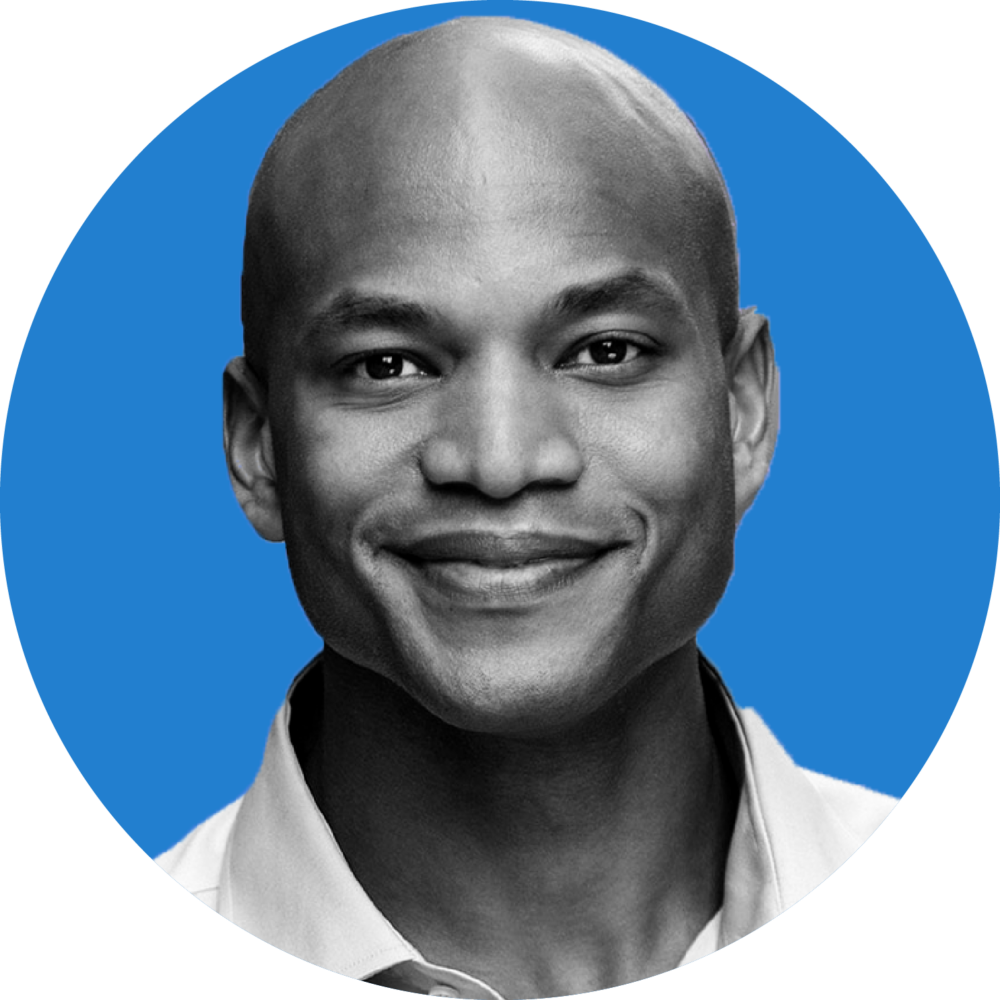 Headshot of Maryland Governor Wes Moore on a blue background.