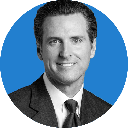 Headshot of California Governor Gavin Newsom on a blue background.